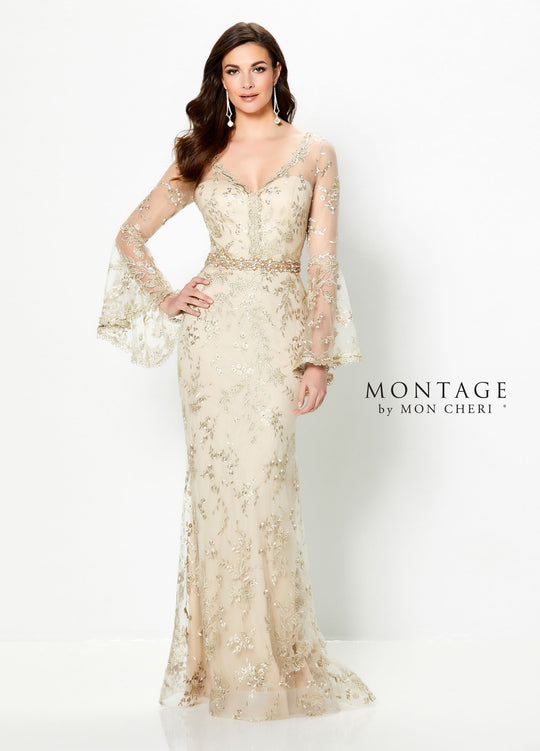 Montage by Mon Cheri - 219986 Embellished Long Bell Sleeve Sheath Gown In Nude