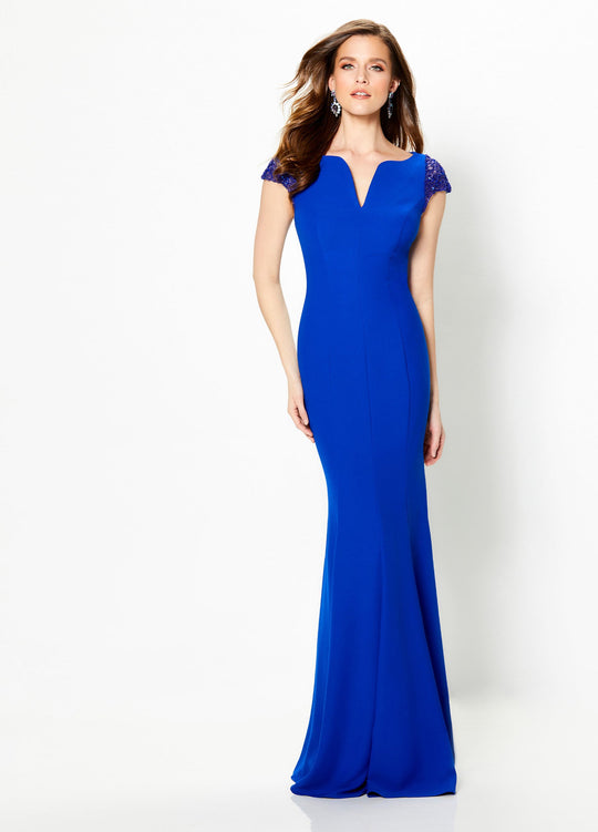 Montage by Mon Cheri - 219987 Beaded Illusion Cap Sleeve Mermaid Gown In Blue