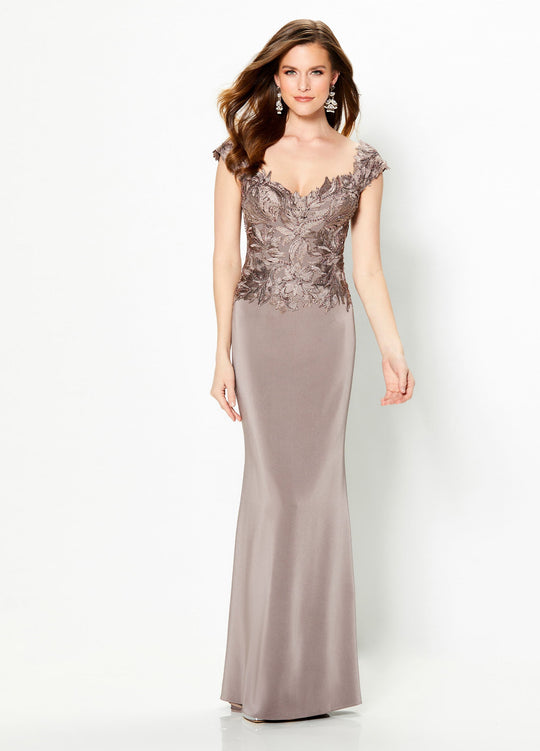 Montage by Mon Cheri - 219989 Beaded Lace Appliqued Cap Sleeve Gown In Brown