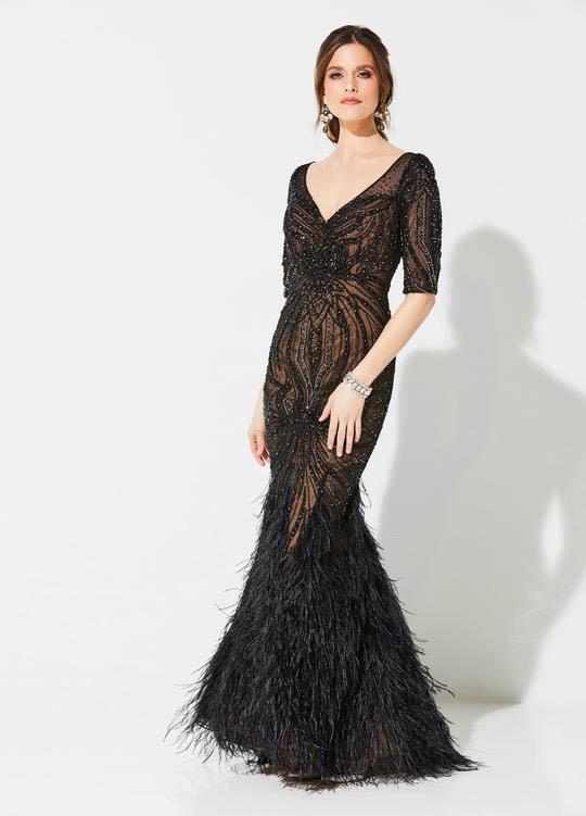 Ivonne D for Mon Cheri - 219D77 Feathered and Beaded Trumpet Gown In Black and Neutral