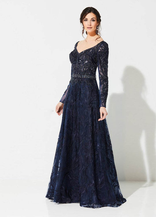 Ivonne D for Mon Cheri - 219D79W Long Sleeves Embroidered A-line Gown In Blue and Black
