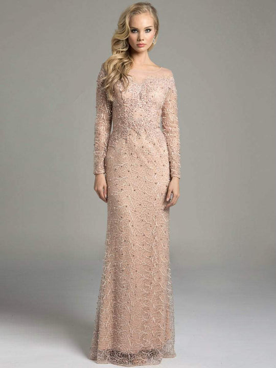 Lara Dresses - Adorned Bateau Illusion Evening Gown with Long Sleeves and Fringe Embellishments 33236, Pink