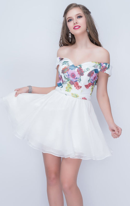 Nina Canacci - 220 Floral Printed Off-Shoulder A-line Dress In White