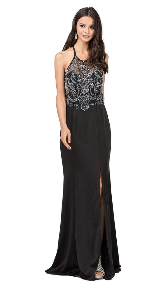 Dancing Queen - 2200 Jeweled Garland Motif Illusion Sheath Prom Gown in Black