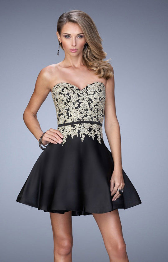 La Femme - 22017 Strapless Appliqued Cocktail Dress In Black and Gold