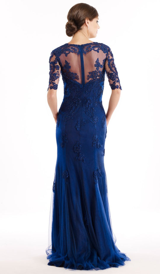 Rina Di Montella - RD2203 Half Sleeve Lace Appliqued Sheer Tulle Gown in Blue