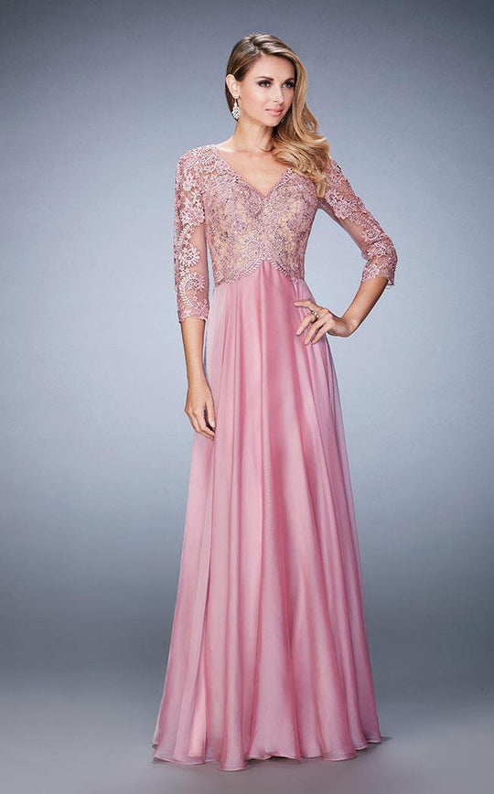 La Femme - 22031 V Neck Quarter Length Sleeves A Line Long Gown In Pink