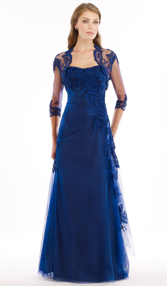 Rina Di Montella - RD2205 Floral Appliqued Strapless Gown with Bolero  in Blue