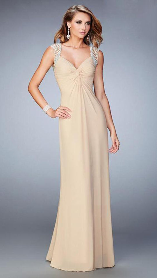 La Femme - 22055 Embellished V-neck Jersey Dress In Neutral