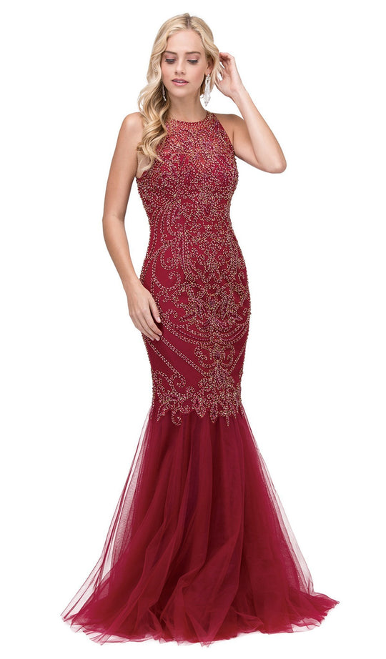 Dancing Queen - 2206 Beaded Halter Neck Trumpet Prom Dress In Red