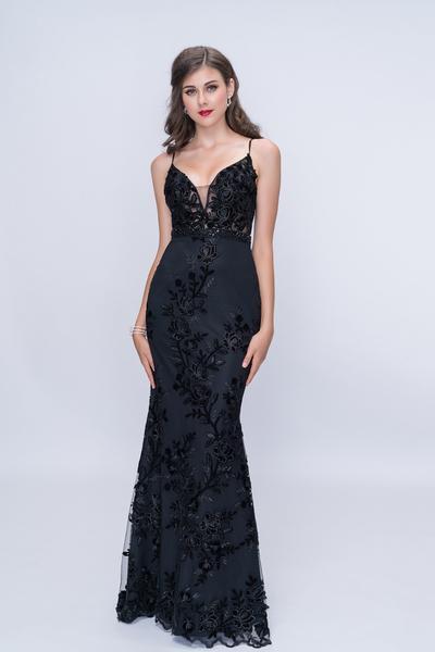 Nina Canacci - 2207 Sequin and Embroidered V-neck Trumpet Dress in Black