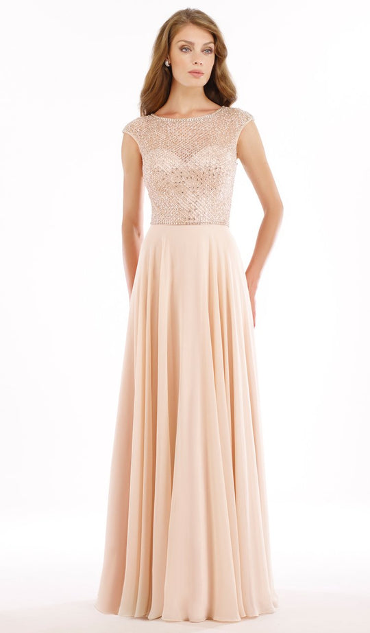 Rina Di Montella - RD2208 Embellished Sheer Bateau Chiffon A-line Gown in Neutral