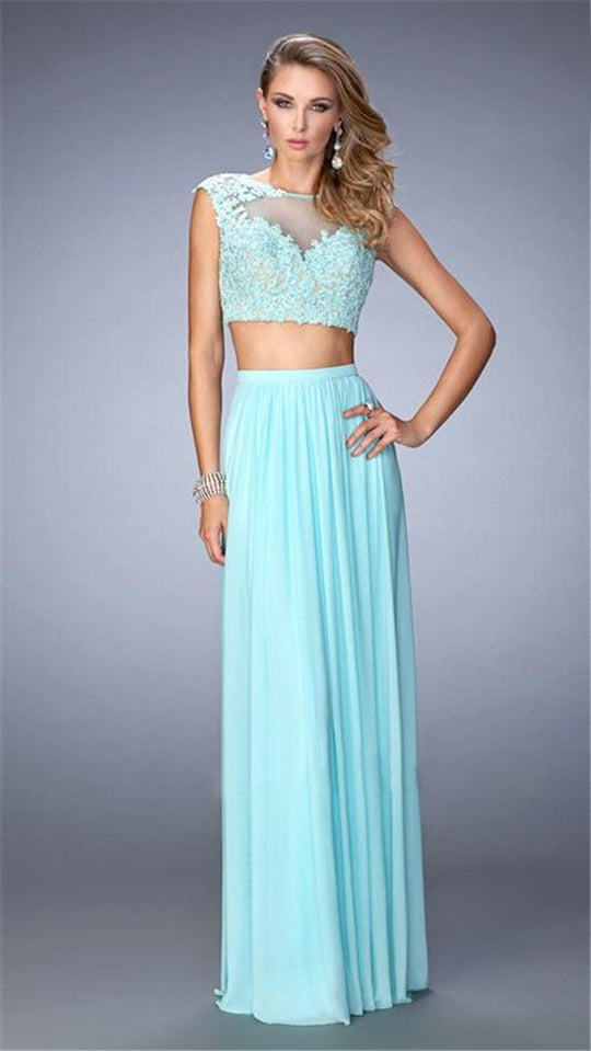 La Femme - 22110 Sheered and Laced Two-Piece Evening Gown In Blue