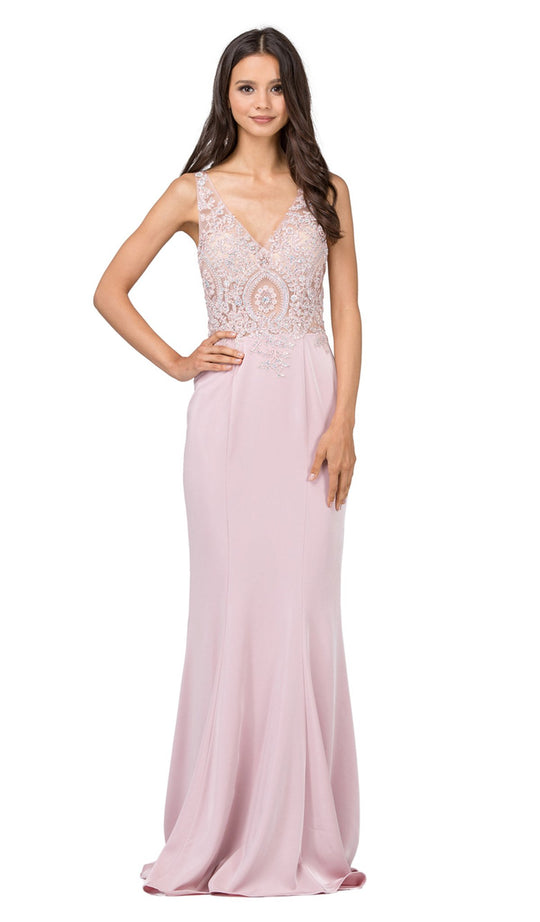 Dancing Queen - 2213 Embellished V-neck Trumpet Dress In Pink
