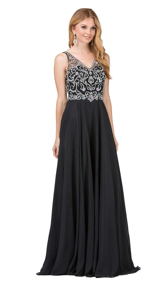 Dancing Queen - 2216 Bejeweled V-neck A-line Prom Dress In Black
