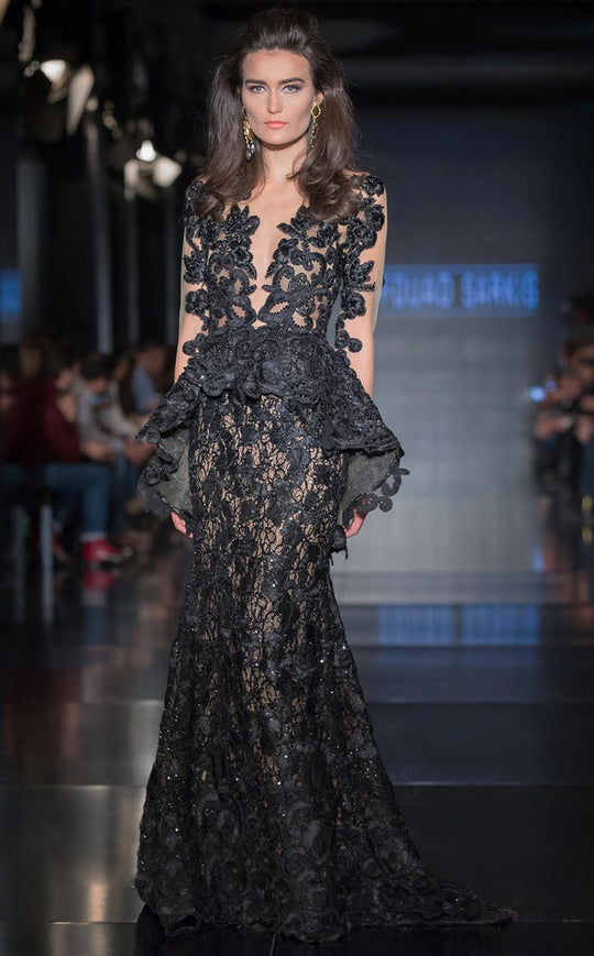 MNM Couture - 2219 Lace Deep V-neck Sheath Dress In Black and Neutral