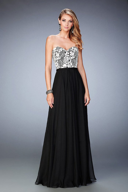 La Femme - 22204 Lacy Strapless Chiffon Evening Gown In Black and White