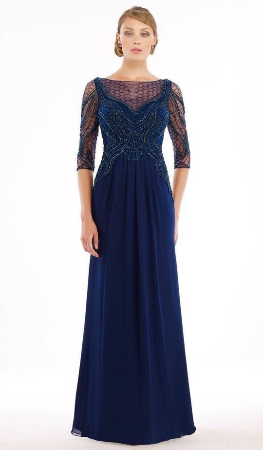 Rina di Montella - RD2222-1 Beaded Illusion Bateau Chiffon A-line Gown In Blue