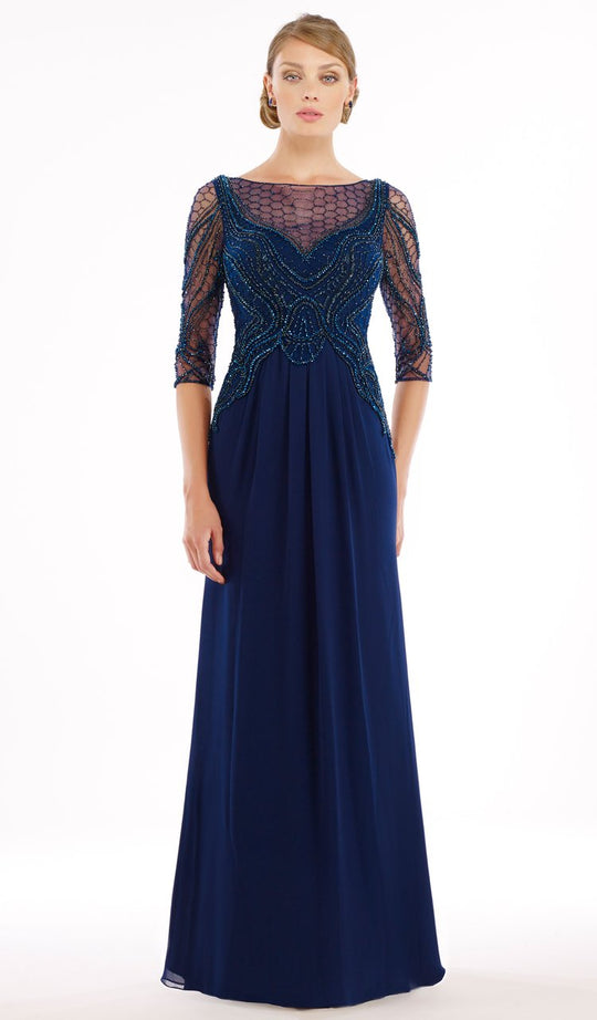 Rina Di Montella - RD2222 Beaded Illusion Bateau Chiffon A-line Gown in Blue