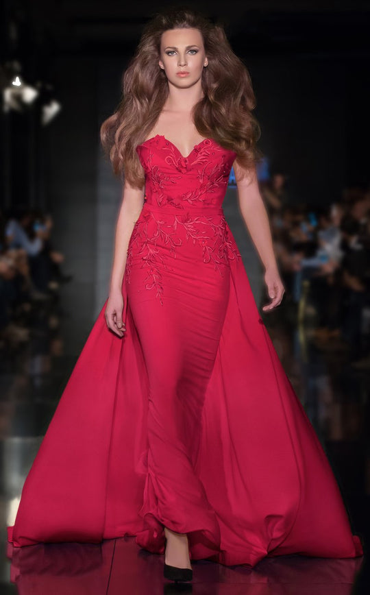 MNM Couture - 2223 Strapless Sweetheart tonal Applique Evening Gown In Red and Pink