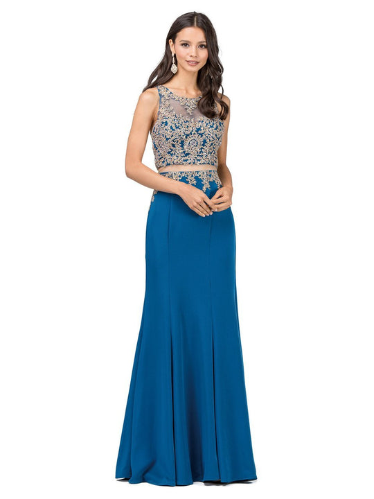 Dancing Queen - 2224 Mock Two-Piece Gilded Applique Bodice Gown in Blue