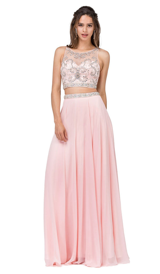 Dancing Queen - 2225 Jeweled Two Piece Illusion Neck A-line Prom Dress In Pink
