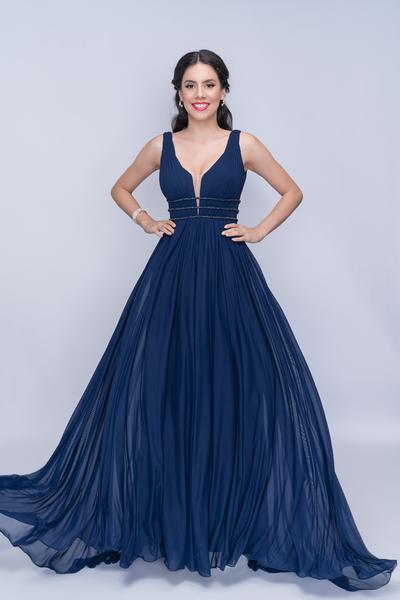 Nina Canacci - 2226 Pleated Plunging V-Neck Long Gown In Blue