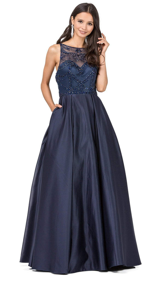 Dancing Queen - 2228 Beaded Bateau Pleated Prom Gown in Blue