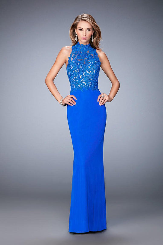 La Femme - 22291 Lace High Sheath Dress In Blue