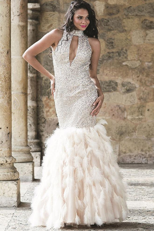 22294 Beaded High Halter Feathered Mermaid Dress