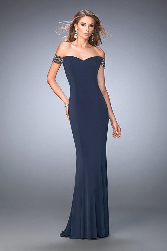 La Femme - 22295 Dazzling Off-Shoulder Sweetheart Gown In Blue