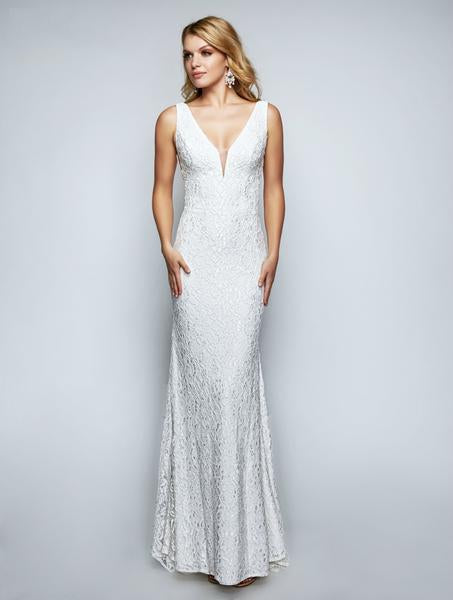 Nina Canacci - 2229 Sleeveless V Neckline  Allover Lace Sheath Dress In White