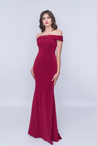 Nina Canacci - 2230 Off-Shoulder Fitted Sheath Gown in Red
