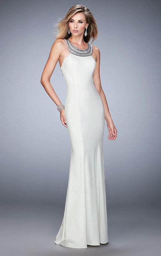 La Femme - 22315 Scoop Neck Beaded Jersey Gown  In White