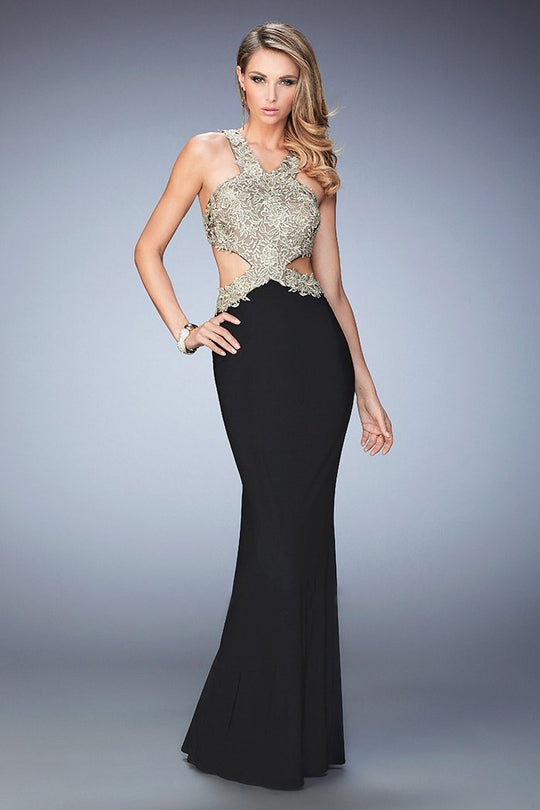 La Femme  - 22325 Gilded Lace Halter Gown In Black