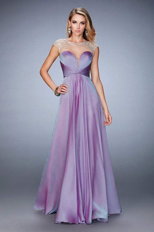 La Femme - Embellished Ruched Chiffon Keyhole Gown 22338 in Purple
