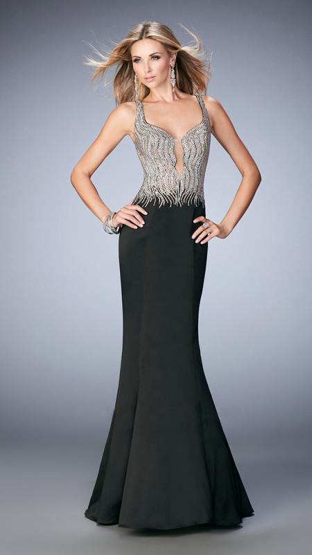 La Femme Beaded Stretch Satin Mermaid Dress 22365 - 1 pc Black In Size 2 Available In Black