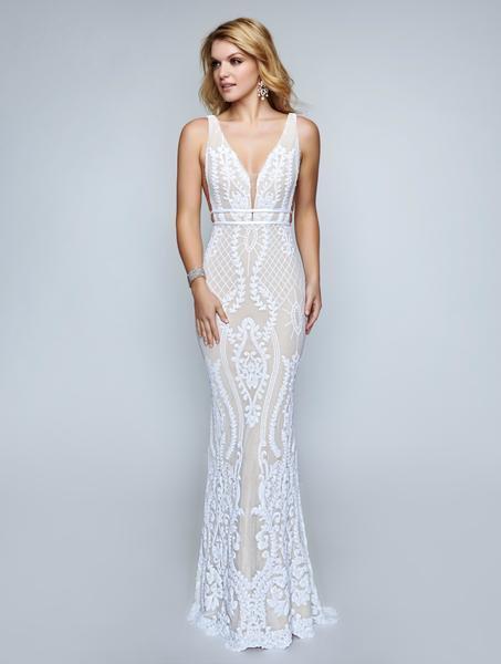 Nina Canacci - 2236 Lattice Sequined Plunging Sheath Gown In Ivory And Nude
