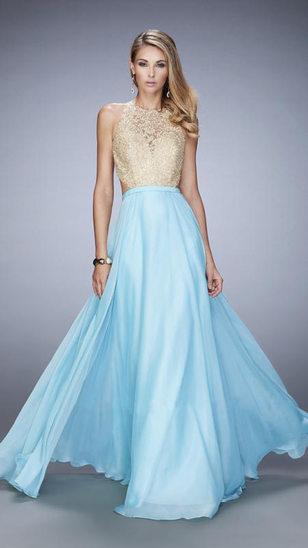 La Femme - 22372 Gold Lace Halter Chiffon Dress In Aqua