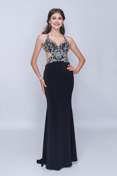 Nina Canacci - 2237 Bejeweled V-neck Trumpet Dress In Black