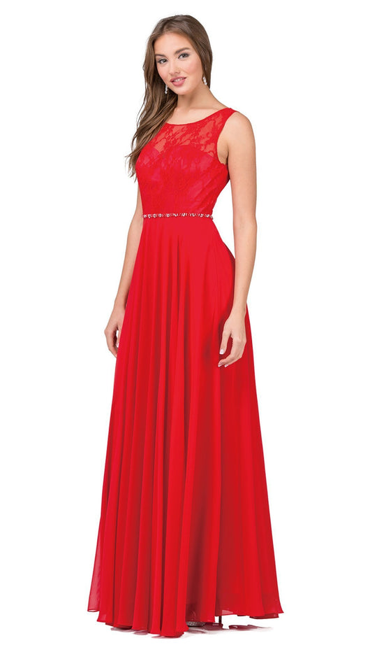 Dancing Queen - 2240 Bejeweled Lace Illusion A-Line Prom Gown In Red
