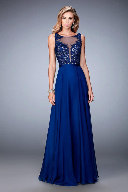 Sleeveless Lace Illusion Bateau A-line Evening Dress 22407  in Blue