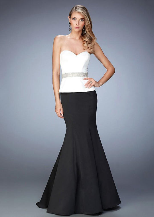 La Femme - 22418 Strapless Contrast Peplum Evening Gown In White and Black