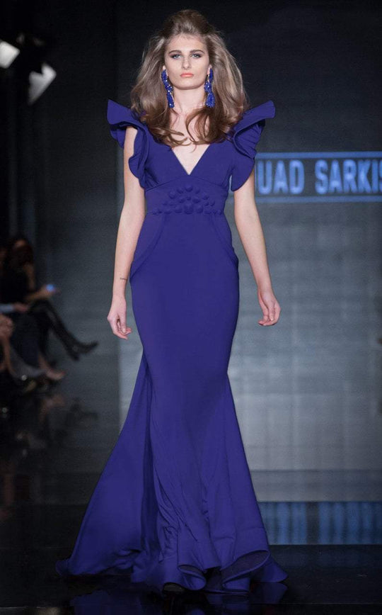 MNM Couture - 2241 Ruffled V-Neck Trumpet Dress in Blue