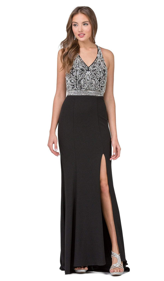 Dancing Queen - 2242 Beaded Fitted Halter Prom Dress with Slit in Black