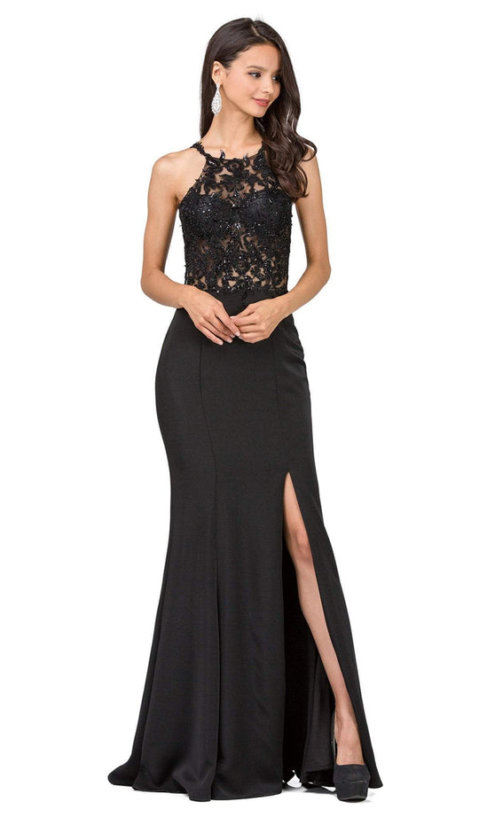 Dancing Queen - 2244 Beaded Lace Illusion Halter Sheath Prom Dress In Black