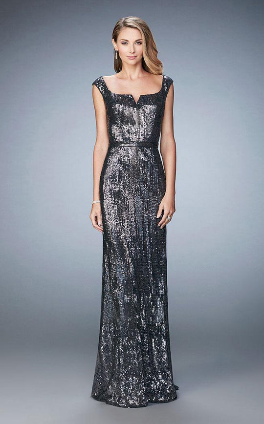 La Femme - 22445 Sequined Cap Sleeves Sheath Evening Gown In Gray