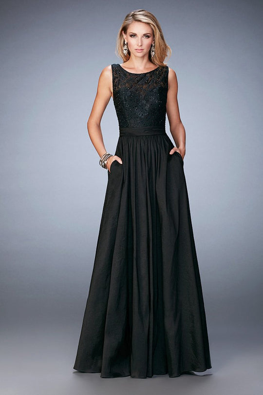 La Femme - 22446 Sleeveless Taffeta Lace Evening Gown In Black