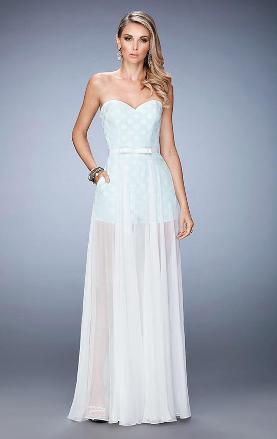 La Femme - 22484 Sheer and Polka Dot Evening Gown  In White and Blue