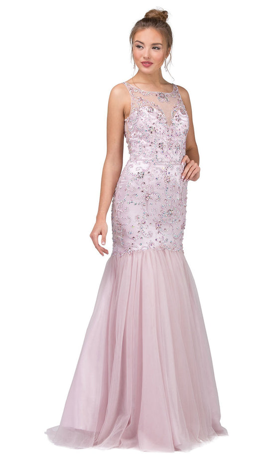 Dancing Queen - 2250 Illusion Bateau Crystal Adorned Trumpet Prom Gown in Pink